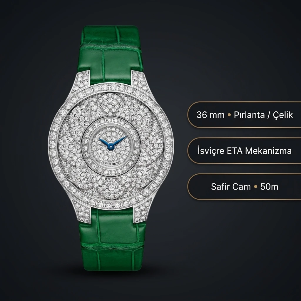 Graff Diamond Elmas Taşlı Pave Yeşil Deri Super Clone ETA Saat