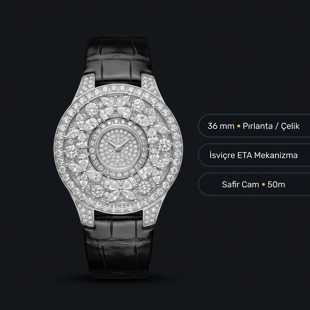 Graff Diamond Elmas Taşlı Siyah Deri Parlak Super Clone ETA Saat