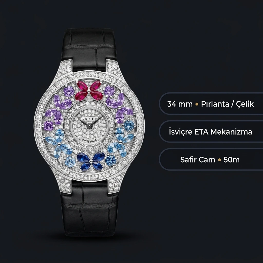 Graff Diamond Kelebek Renkli Siyah Deri Super Clone ETA Saat