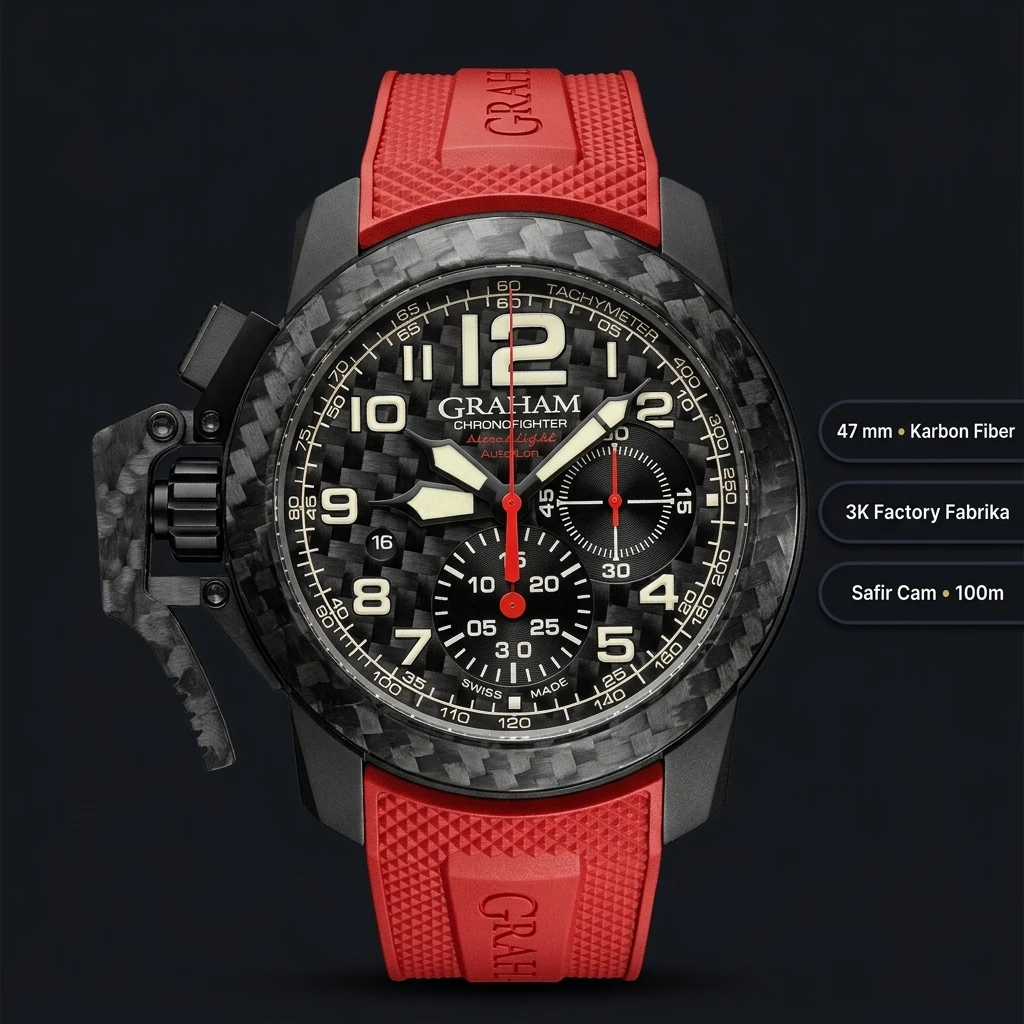 Graham Chronofighter Superlight Siyah Chronograph Kırmızı Kauçuk Kordon Super Clone ETA Saat