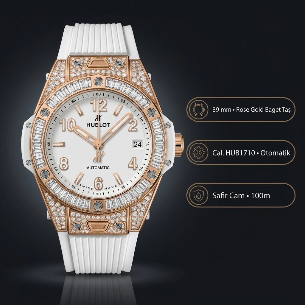 Hublot Big Bang Beyaz Gökkuşağı Baget Taşlı Kauçuk Kordon Super Clone ETA Saat
