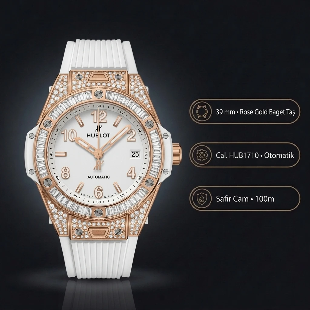 Hublot Big Bang Beyaz Kadran Baget Taşlı Deri Super Clone ETA Saat
