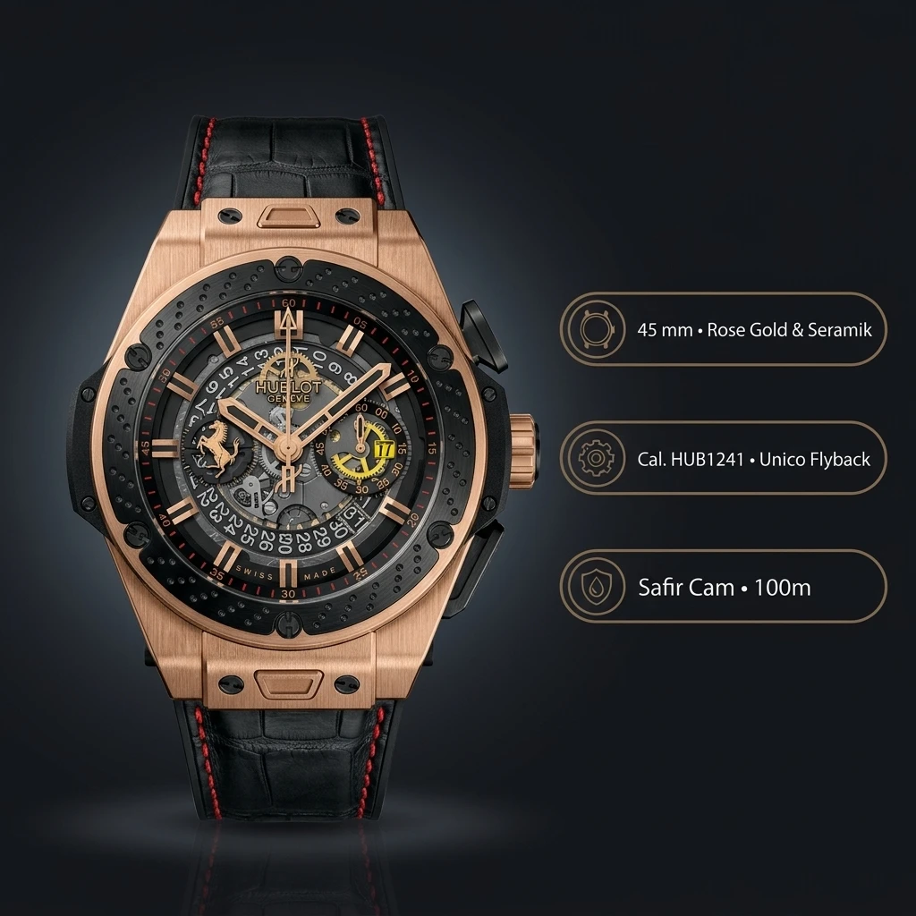 Hublot Big Bang Ferrari Rose Skeleton Chronograph Kauçuk Kordon Super Clone ETA Saat