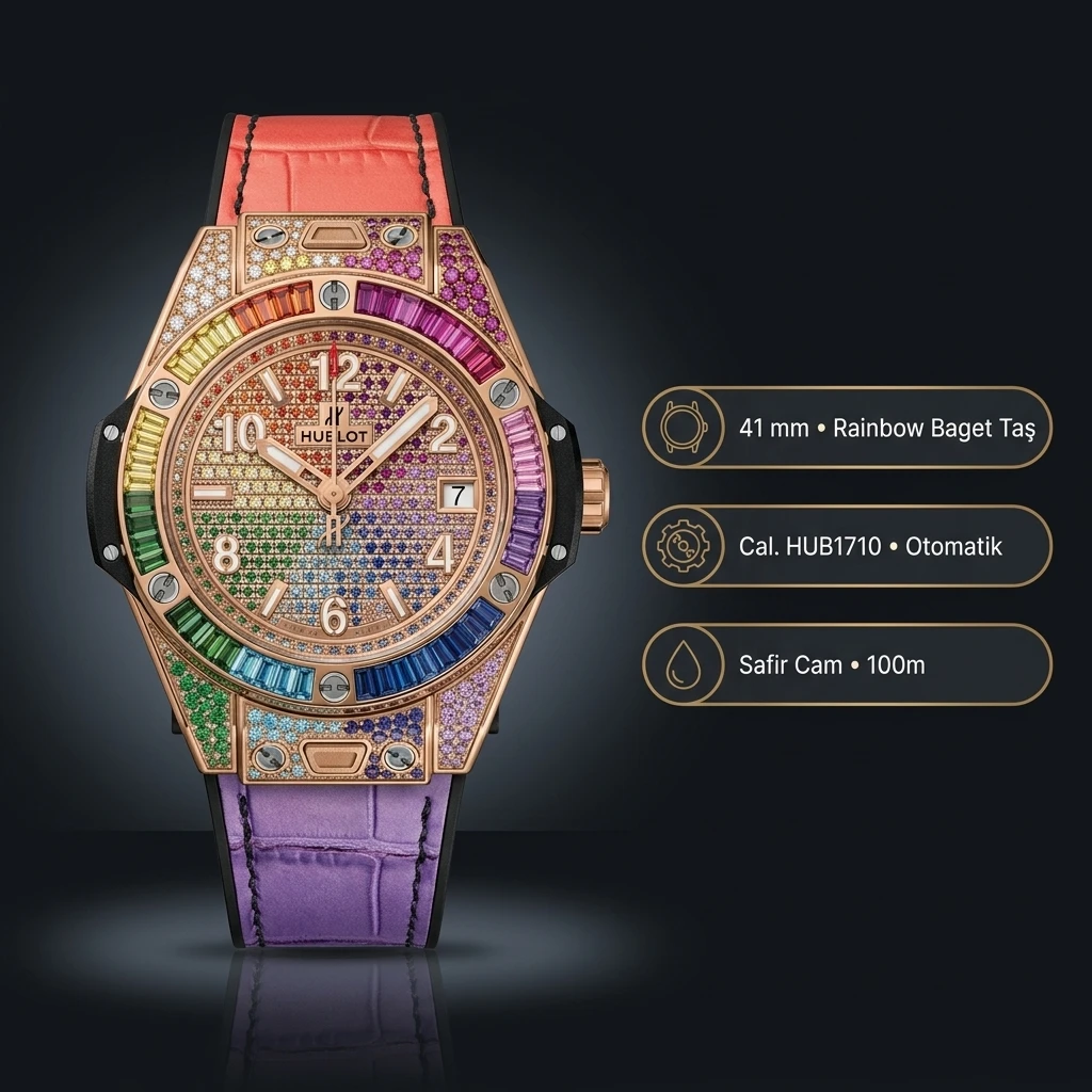 Hublot Big Bang Gökkuşağı Taşlı Pave Kadran Kauçuk Kordon Super Clone ETA Saat