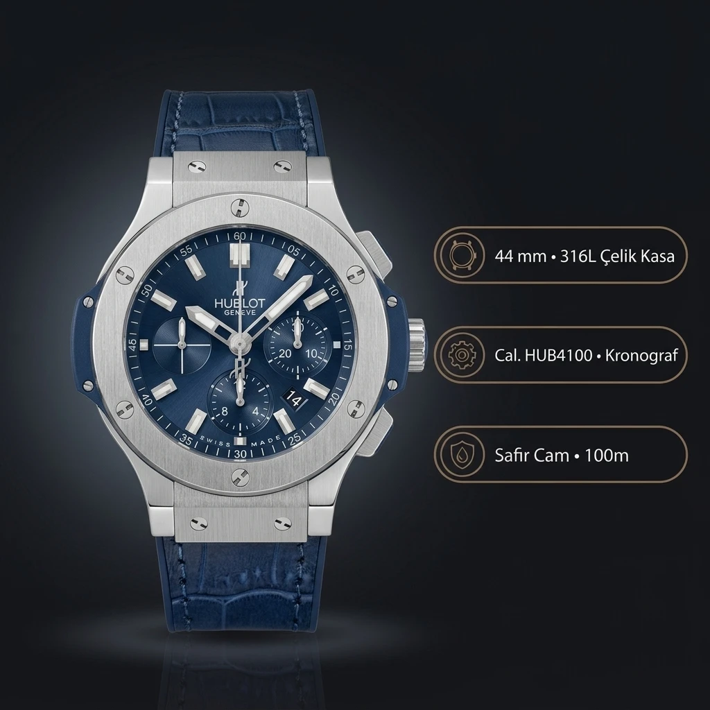 Hublot Big Bang Mavi Chronograph Çelik Deri Super Clone ETA Saat