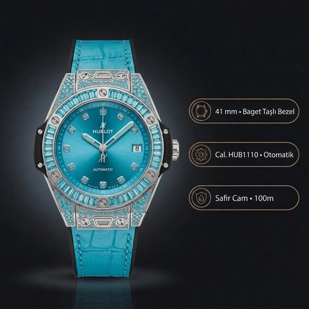 Hublot Big Bang Mavi Kadran Baget Taşlı Deri Super Clone ETA Saat