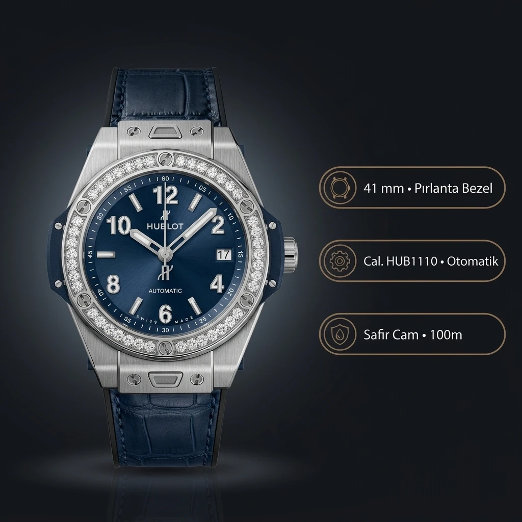 Hublot Big Bang Mavi Kadran GMT Elmas Taşlı Deri Super Clone ETA Saat
