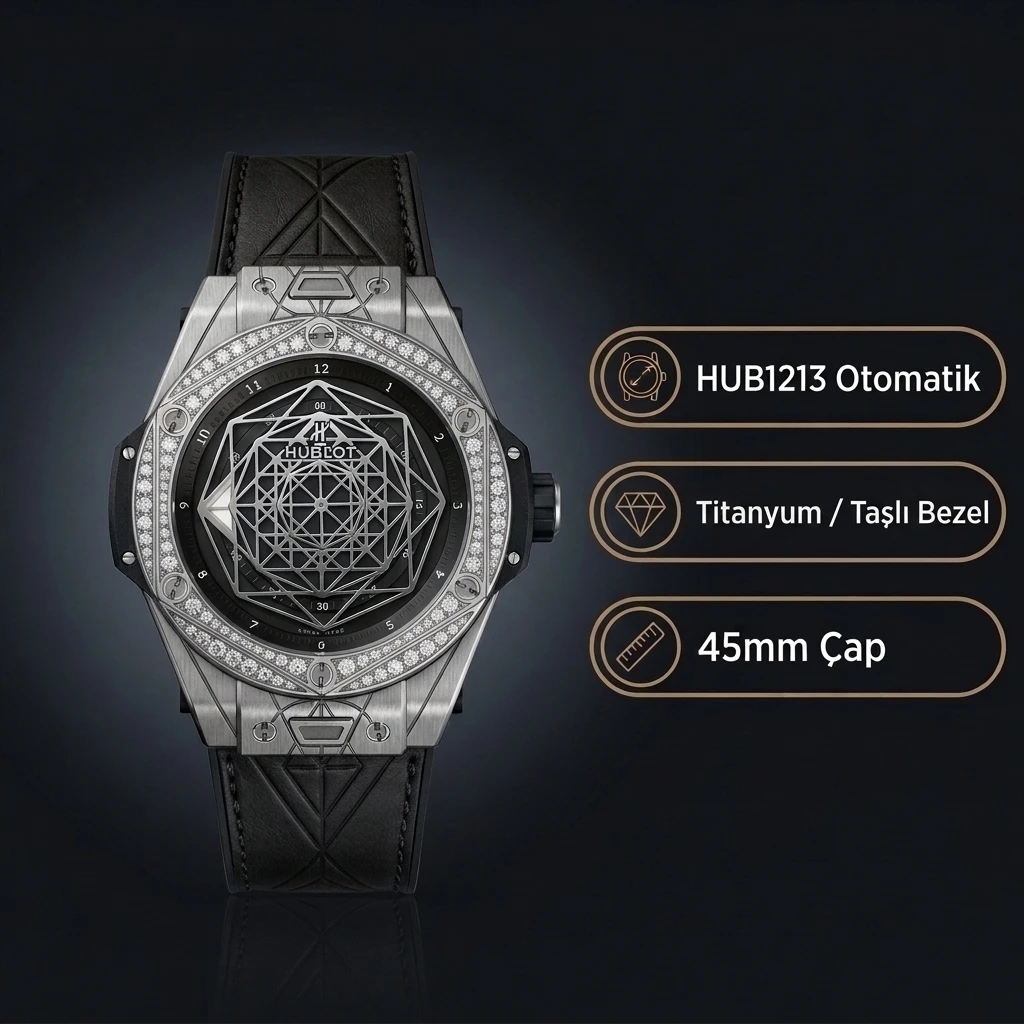 Hublot Big Bang Sang Bleu Baget Bezel Siyah Kadran Siyah Deri Kordon Super Clone ETA Saat