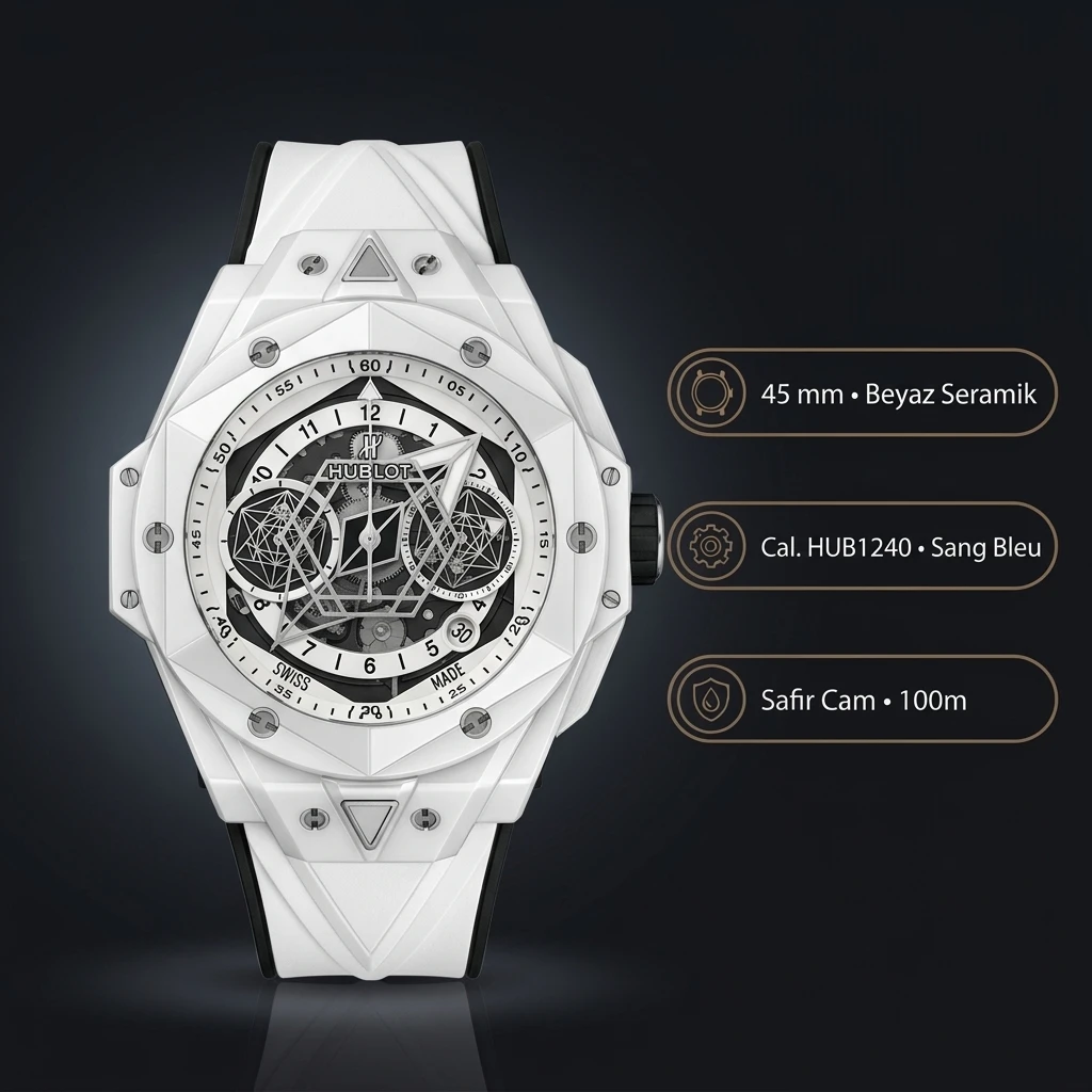 Hublot Big Bang Sang Bleu Beyaz Geometrik Skeleton Kauçuk Kordon Super Clone ETA Saat