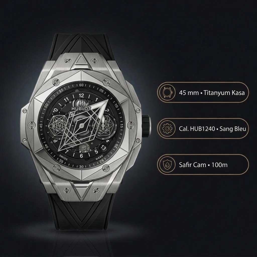 Hublot Big Bang Sang Bleu Çelik Geometrik Skeleton Kauçuk Kordon Super Clone ETA Saat