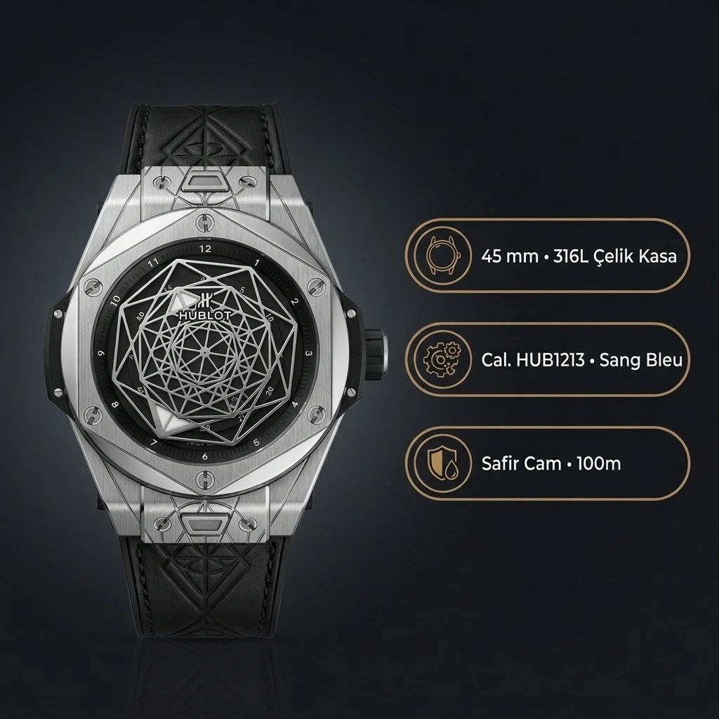 Hublot Big Bang Sang Bleu Çelik Kasa Siyah Kadran Siyah Deri Super Clone ETA Saat