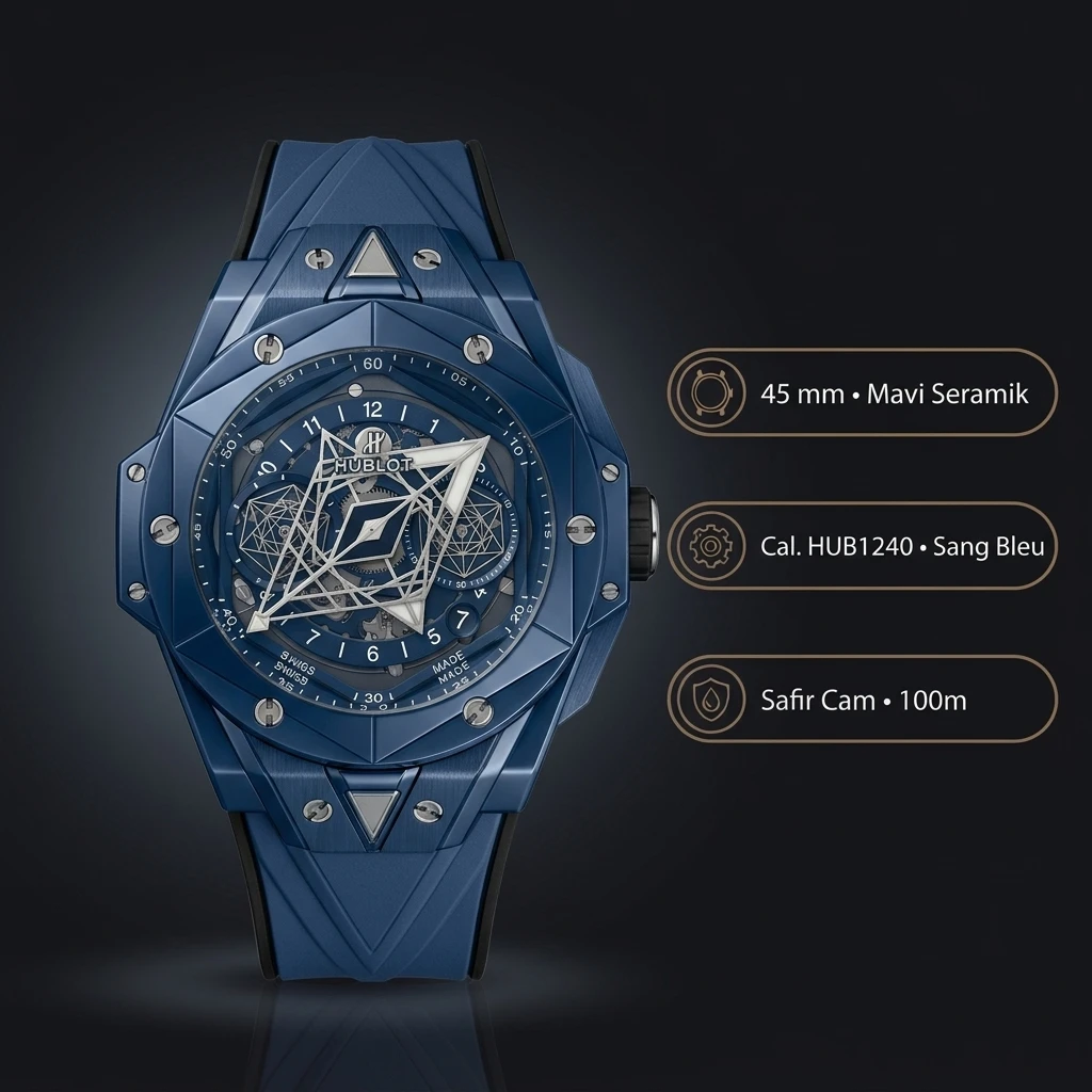 Hublot Big Bang Sang Bleu Mavi Geometrik Skeleton Kauçuk Kordon Super Clone ETA Saat