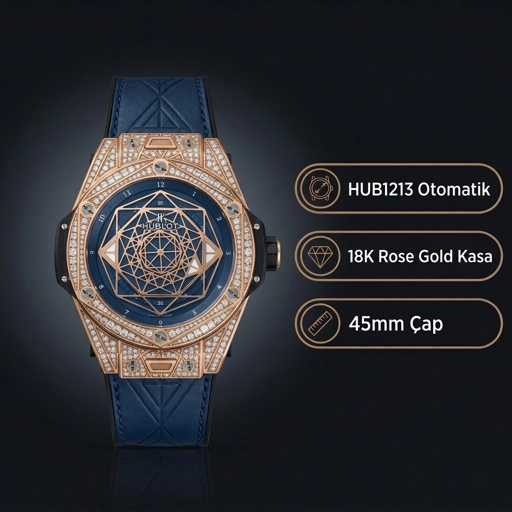 Hublot Big Bang Sang Bleu Rose Kasa Baget Bezel Mavi Kadran Mavi Deri Super Clone ETA Saat