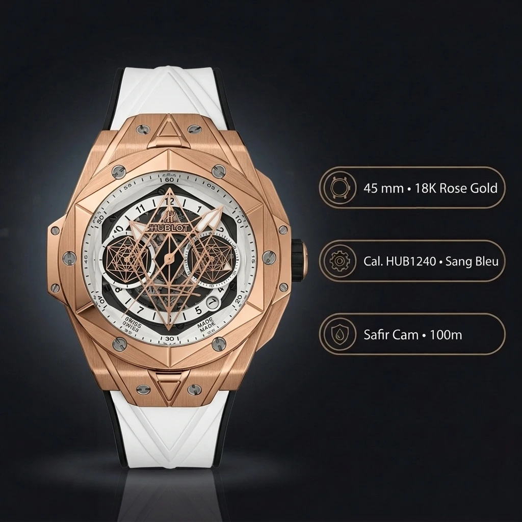 Hublot Big Bang Sang Bleu Rose Skeleton Chronograph Beyaz Kauçuk Kordon Super Clone ETA Saat