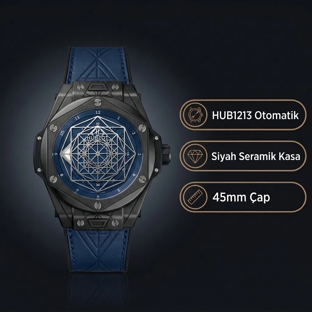 Hublot Big Bang Sang Bleu Seramik Kasa Gümüş Kadran Mavi Deri Super Clone ETA Saat