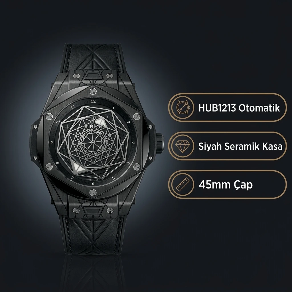 Hublot Big Bang Sang Bleu Siyah Seramik Kasa Siyah Kadran Siyah Deri Kordon Super Clone ETA Saat