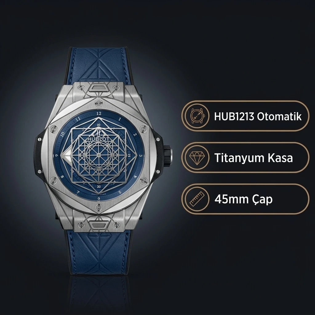 Hublot Big Bang Sang Bleu Titanyum Kasa Mavi Kadran Mavi Deri Kordon Super Clone ETA Saat