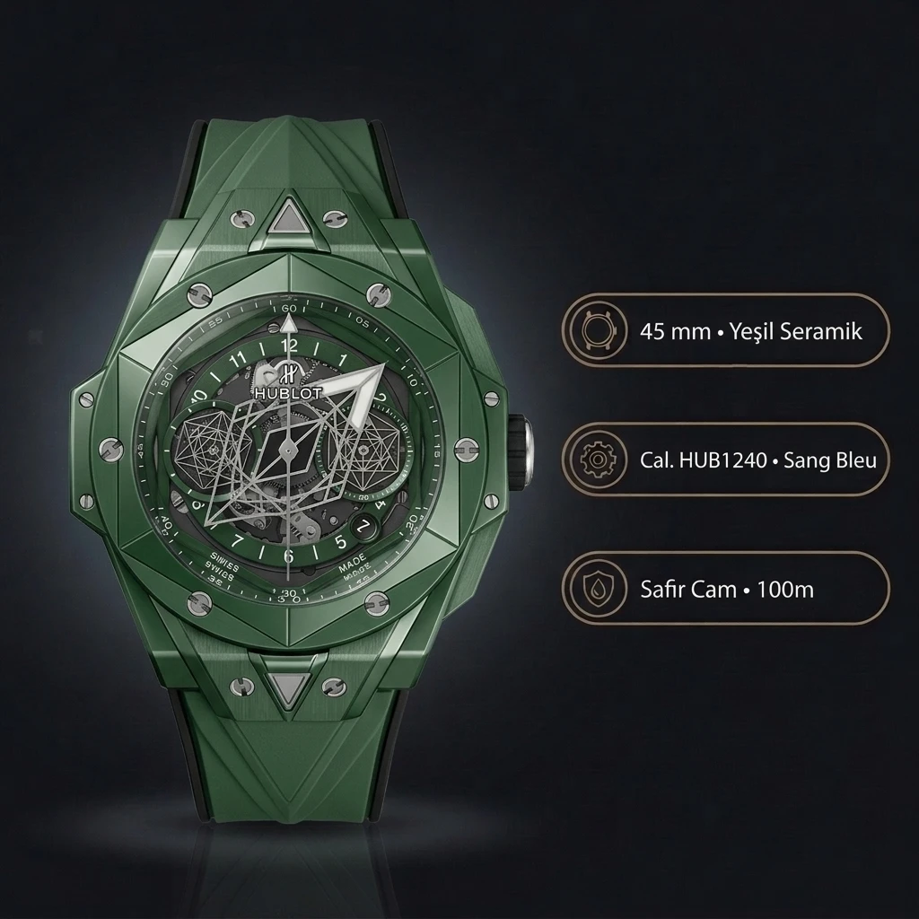 Hublot Big Bang Sang Bleu Yeşil Geometrik Skeleton Kauçuk Kordon Super Clone ETA Saat