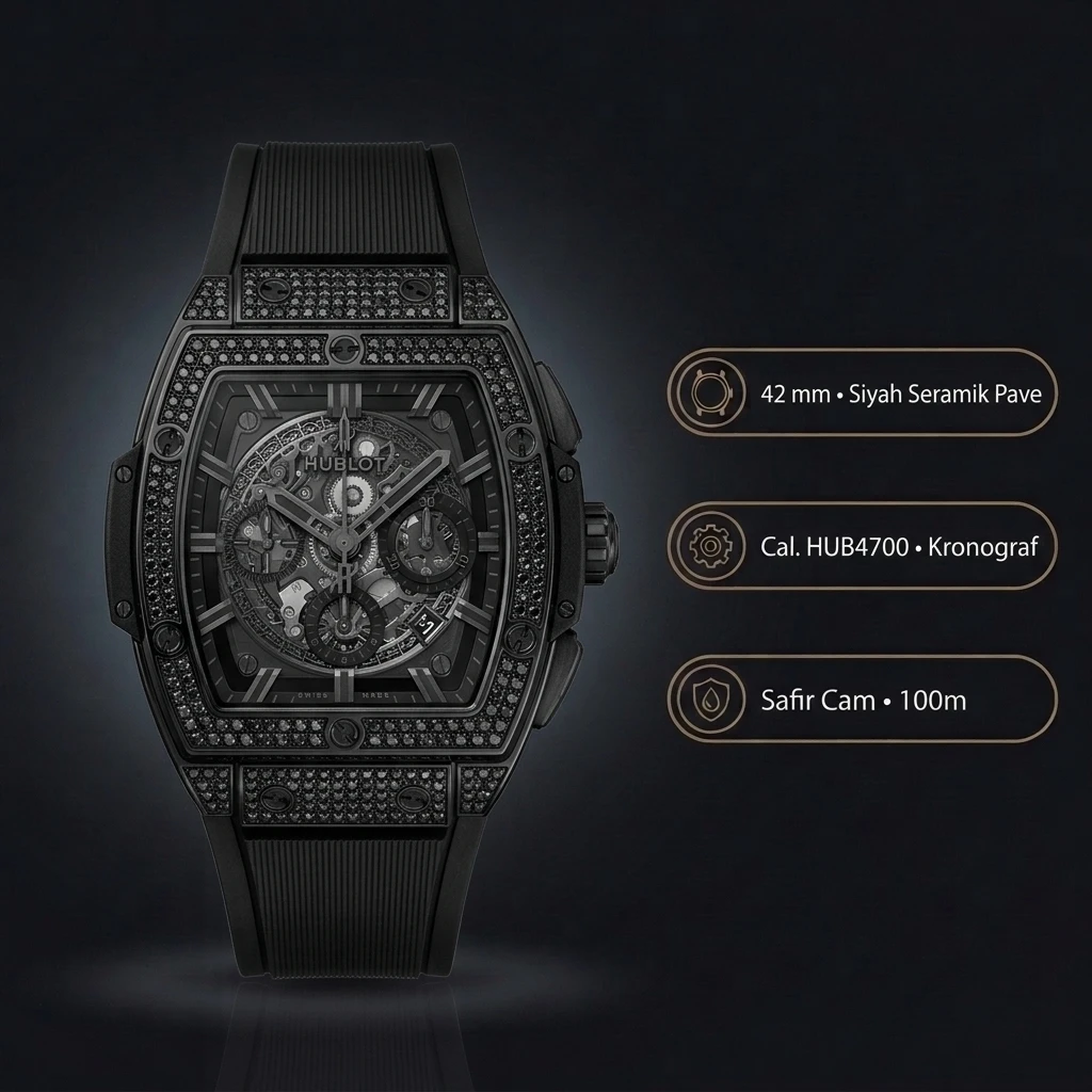 Hublot Big Bang Siyah Elmas Skeleton Chronograph Kauçuk Kordon Super Clone ETA Saat