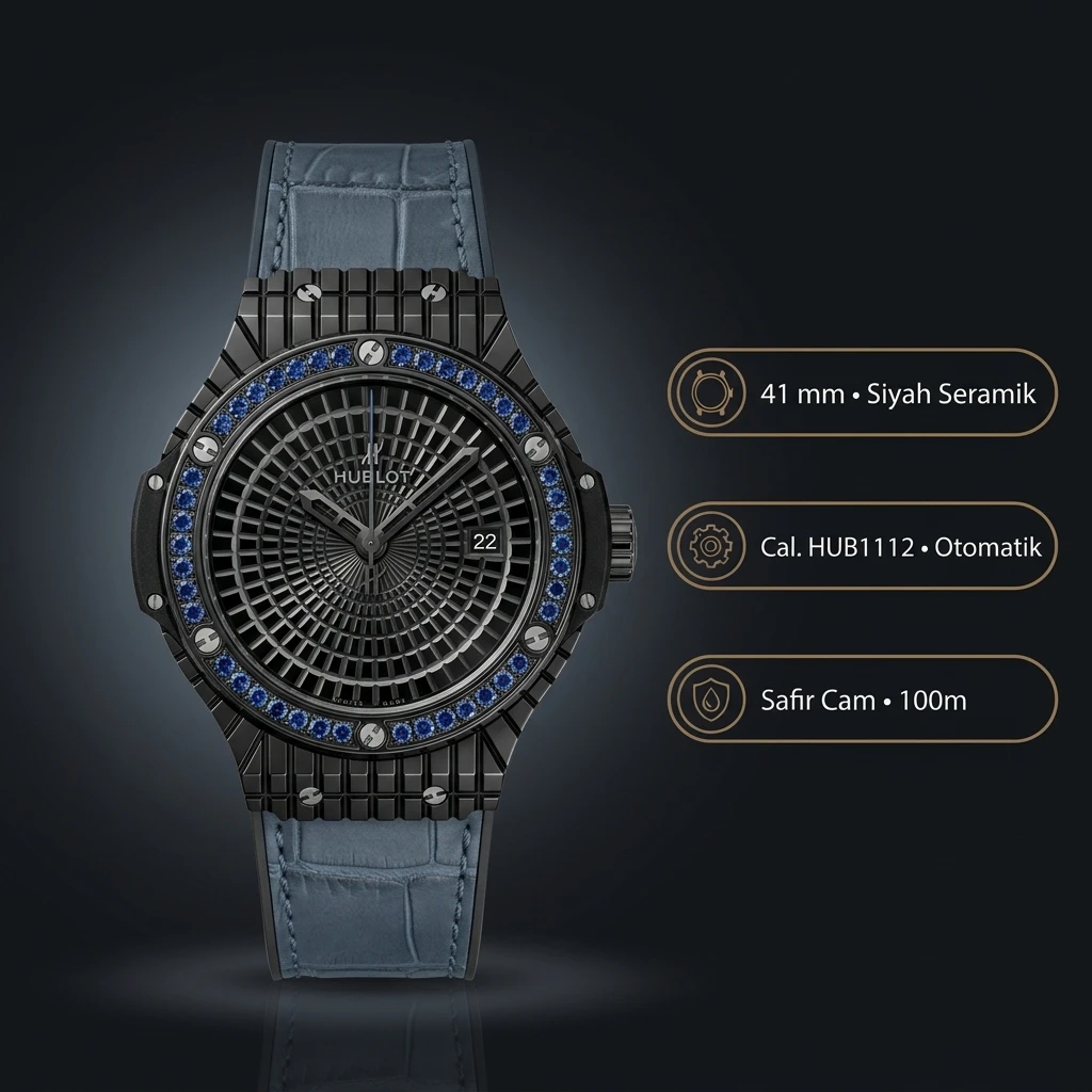 Hublot Big Bang Siyah Pave Mavi Taşlı Kauçuk Kordon Super Clone ETA Saat