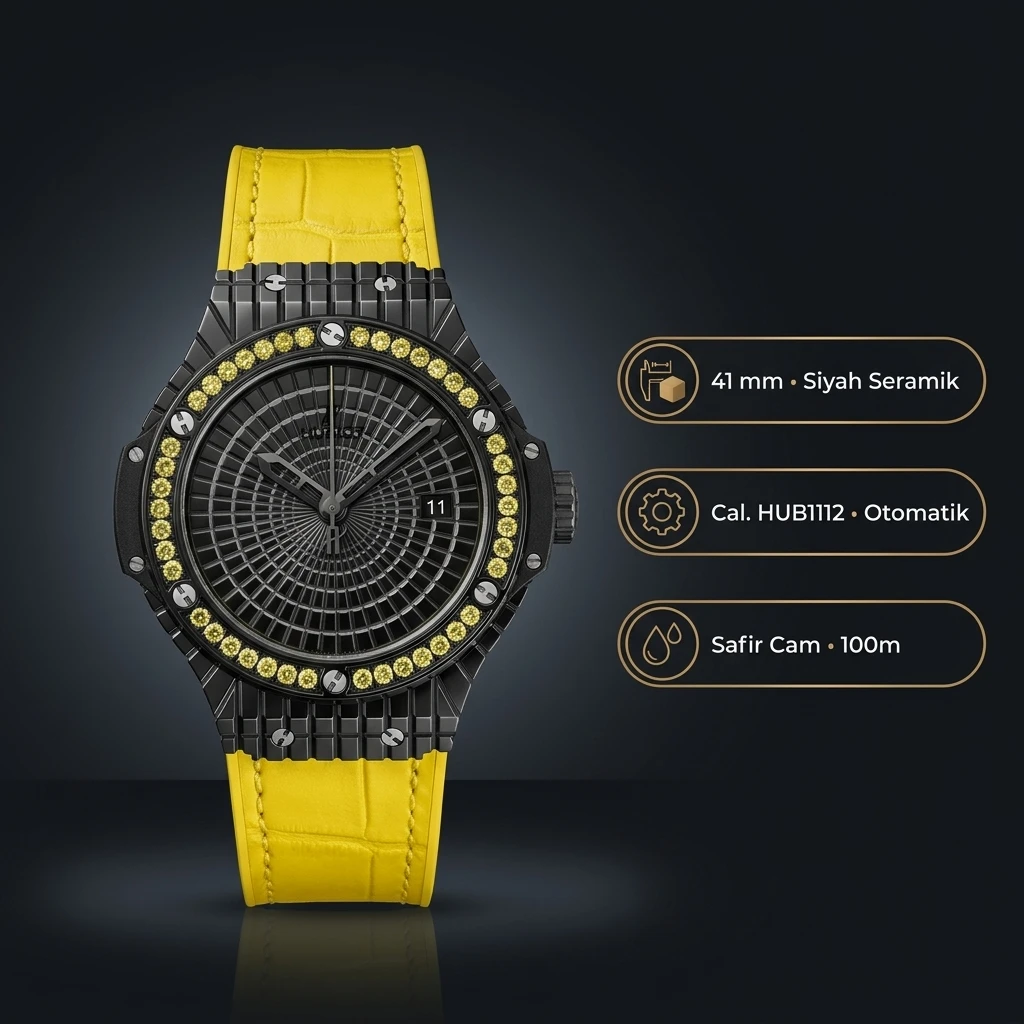 Hublot Big Bang Siyah Pave Sarı Taşlı Bezel Kauçuk Kordon Super Clone ETA Saat