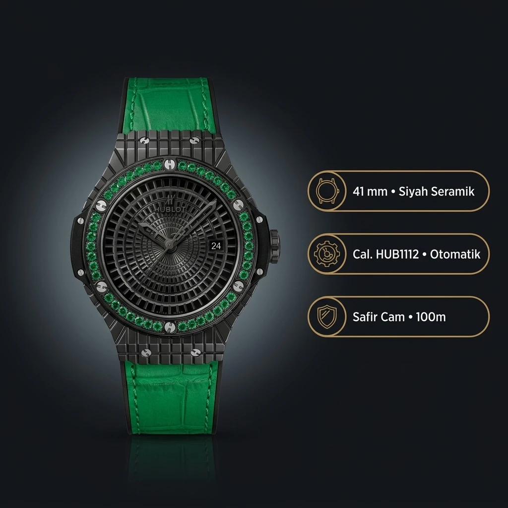 Hublot Big Bang Siyah Pave Yeşil Taşlı Kauçuk Kordon Super Clone ETA Saat