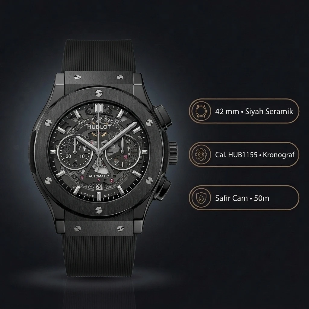 Hublot Big Bang Siyah Seramik Skeleton Chronograph Kauçuk Kordon Super Clone ETA Saat