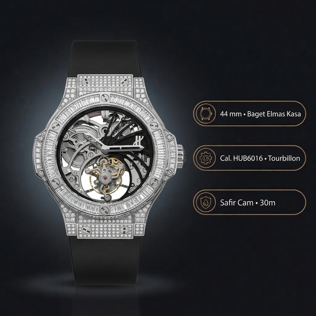 Hublot Big Bang Siyah Tourbillon Elmas Skeleton Kauçuk Kordon Super Clone ETA Saat