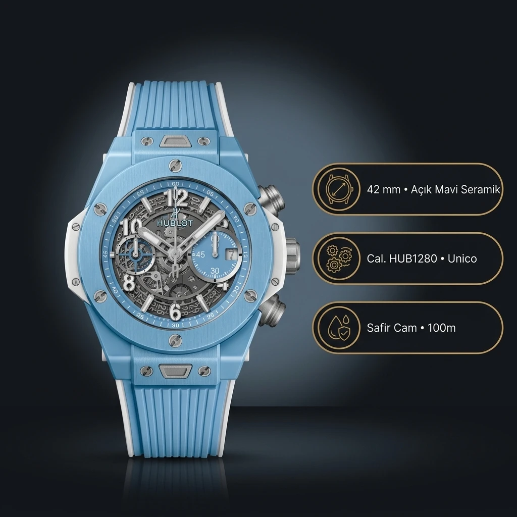 Hublot Big Bang Unico Açık Mavi Skeleton Chronograph Kauçuk Kordon Super Clone ETA Saat