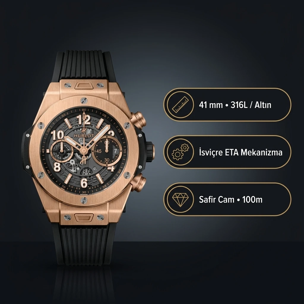 Hublot Big Bang Unico Full Gold İskelet Kadran Super Clone ETA Saat