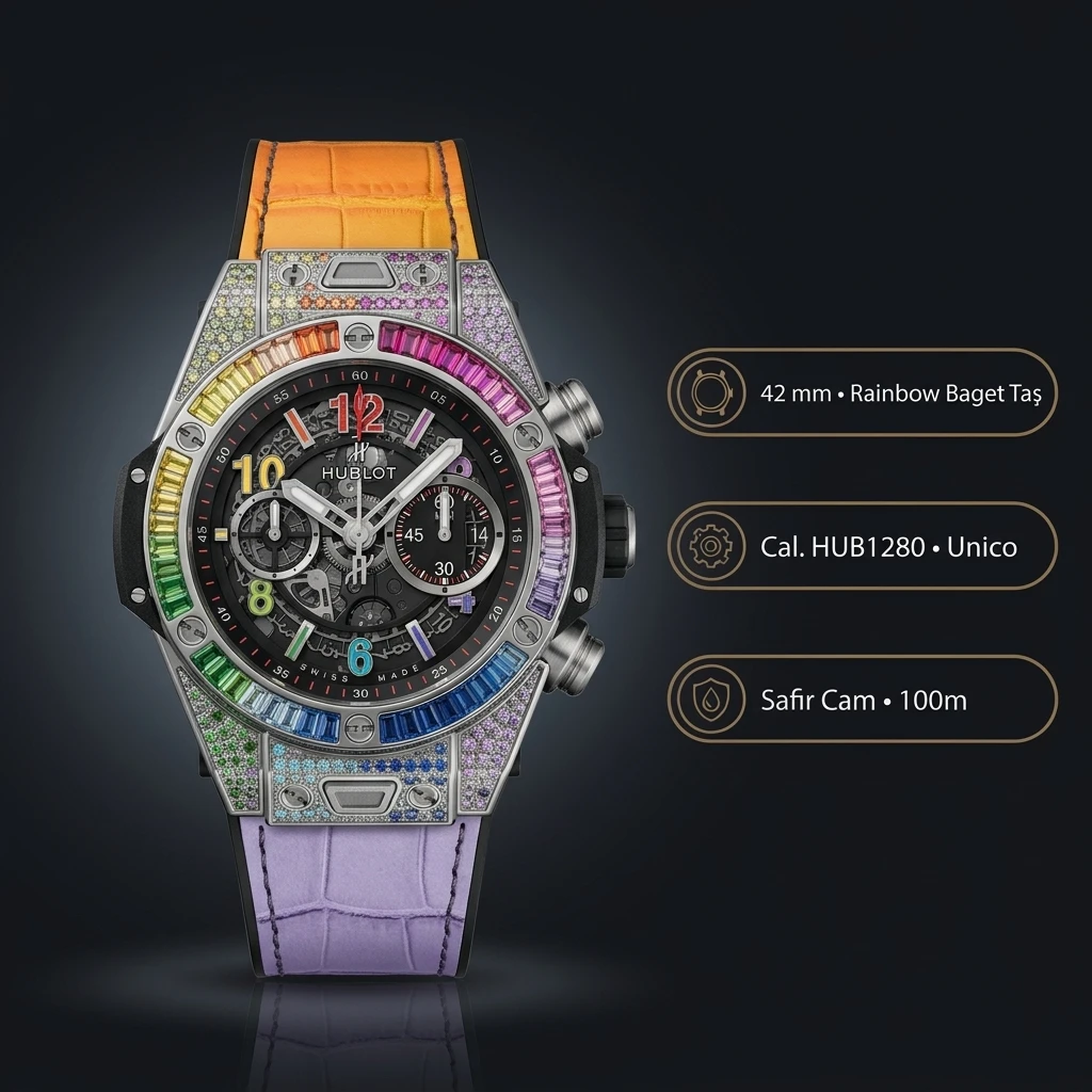 Hublot Big Bang Unico Gökkuşağı Skeleton Mor Kauçuk Kordon Super Clone ETA Saat