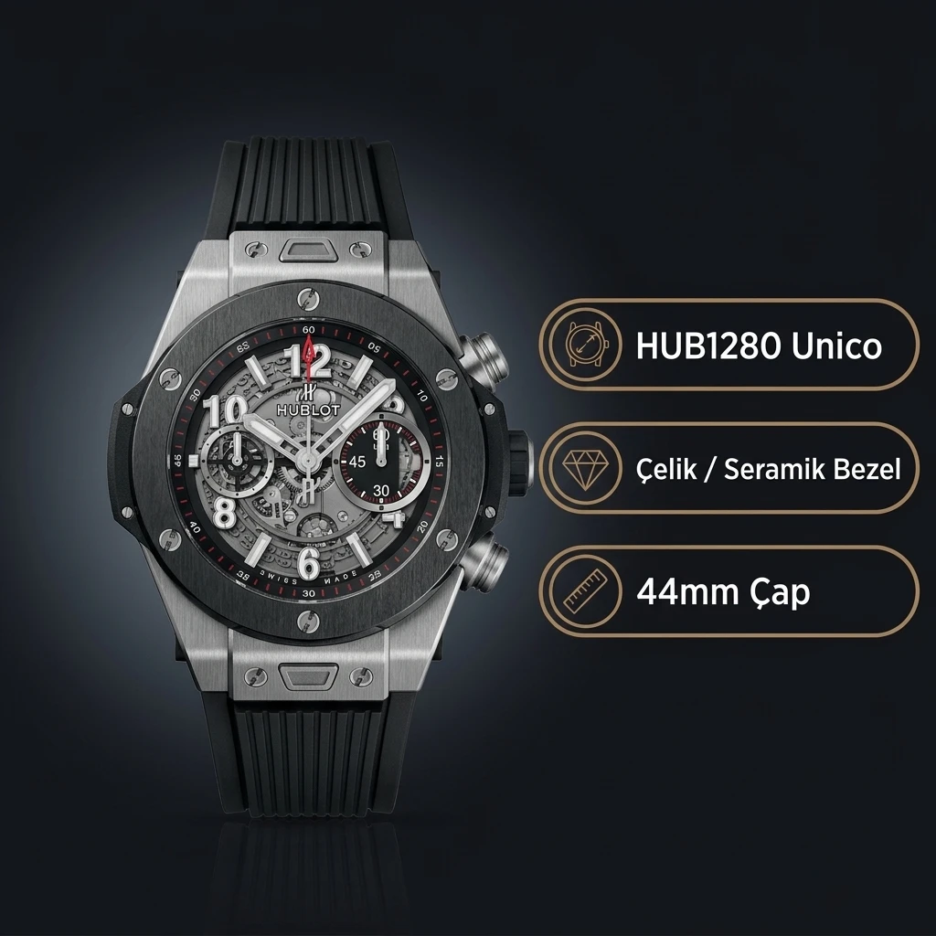 Hublot Big Bang Unico Iskelet Kadran Çelik Kasa Seramik Bezel Kauçuk Kordon Super Clone ETA Saat