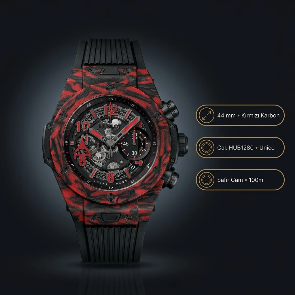 Hublot Big Bang Unico Kırmızı Karbon Skeleton Chronograph Kauçuk Kordon Super Clone ETA Saat