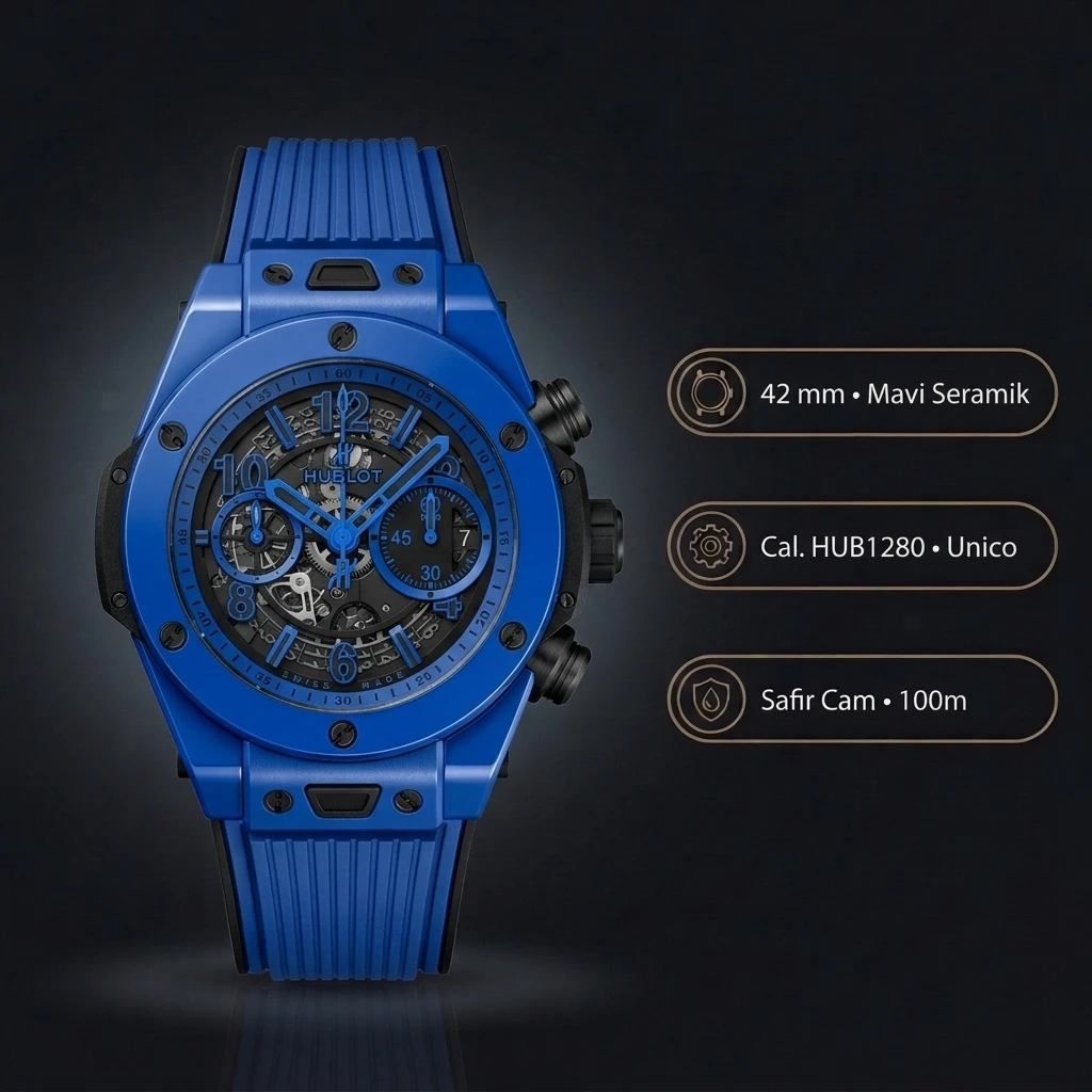 Hublot Big Bang Unico Mavi Seramik Skeleton Chronograph Super Clone ETA Saat