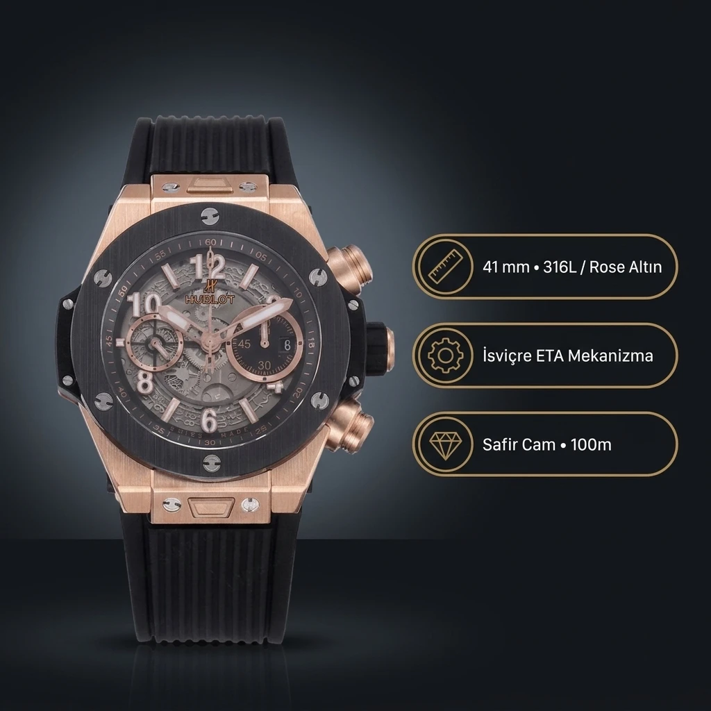 Hublot Big Bang Unico Rose Gold Seramik İskelet Kadran Super Clone ETA Saat