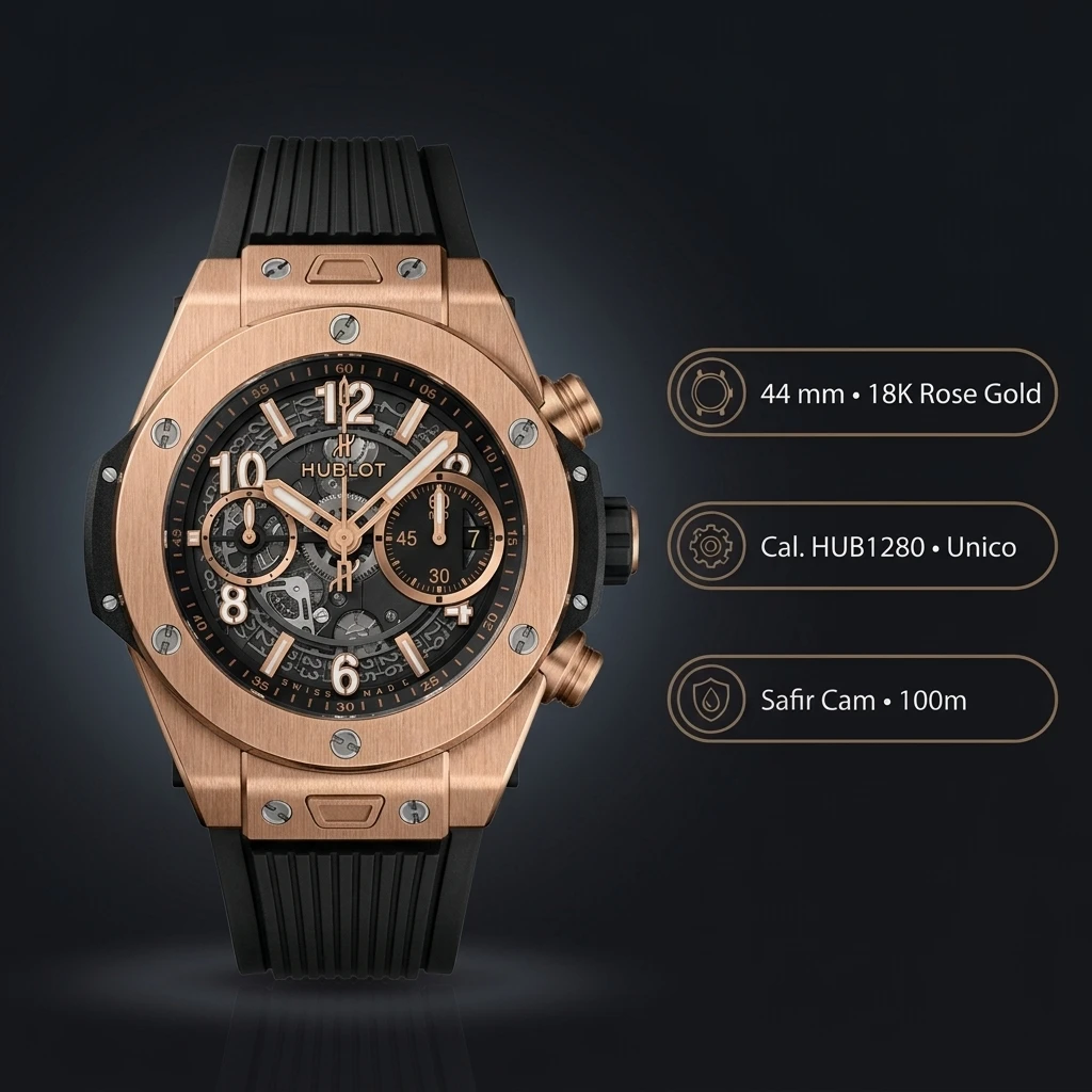 Hublot Big Bang Unico Rose Gold Siyah Skeleton Chronograph Super Clone ETA Saat