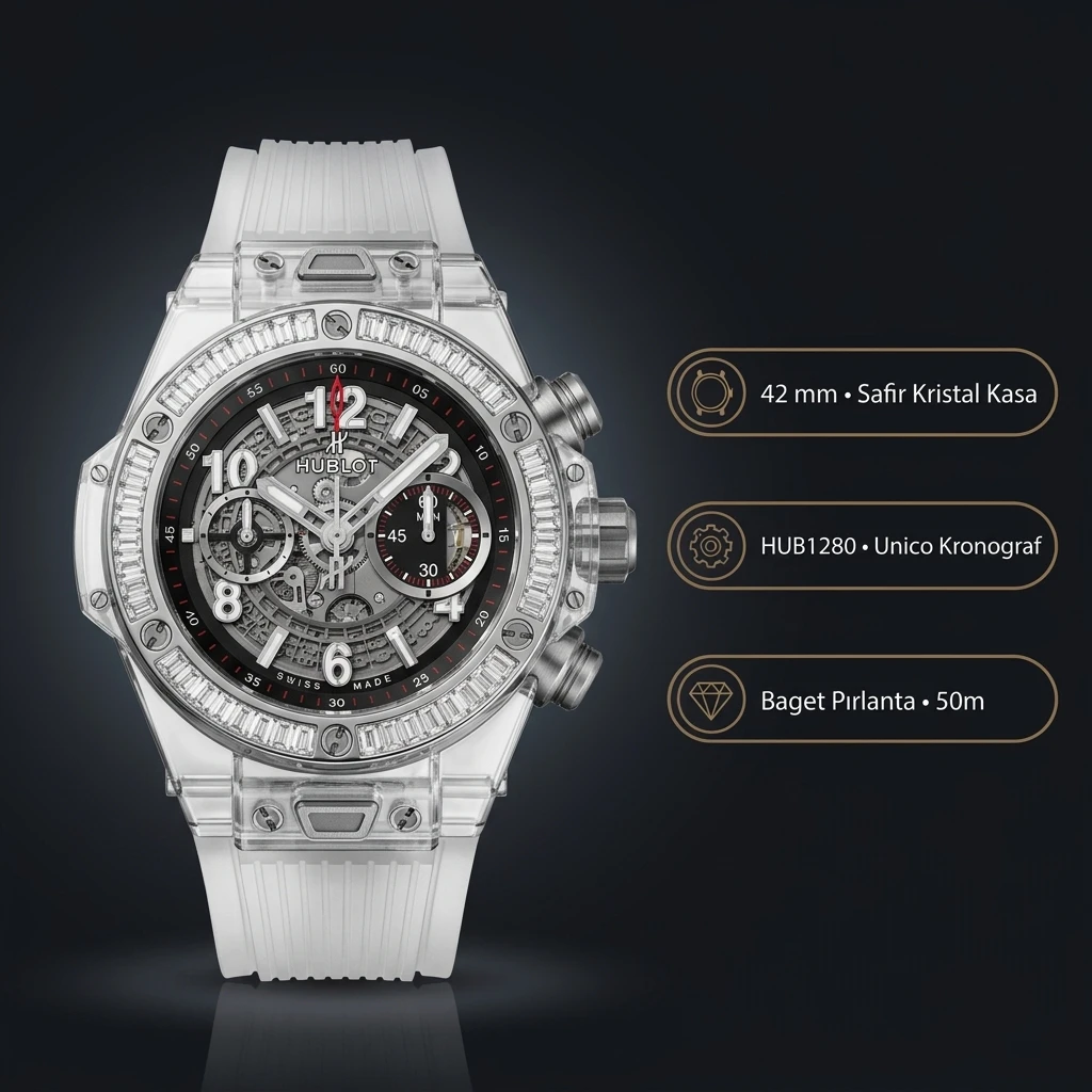 Hublot Big Bang Unico Sapphire Iskelet Baget Bezel Beyaz Kauçuk Kordon Super Clone ETA Saat