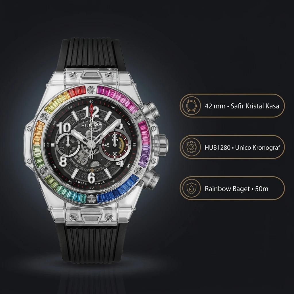 Hublot Big Bang Unico Sapphire Iskelet Rainbow Bezel Siyah Kauçuk Kordon Super Clone ETA Saat