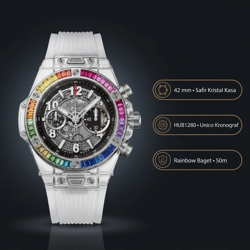 Hublot Big Bang Unico Sapphire Seffaf Kasa Rainbow Bezel Kauçuk Kordon Super Clone ETA Saat