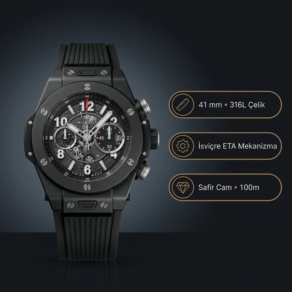 Hublot Big Bang Unico Siyah Seramik İskelet Kadran Super Clone ETA Saat