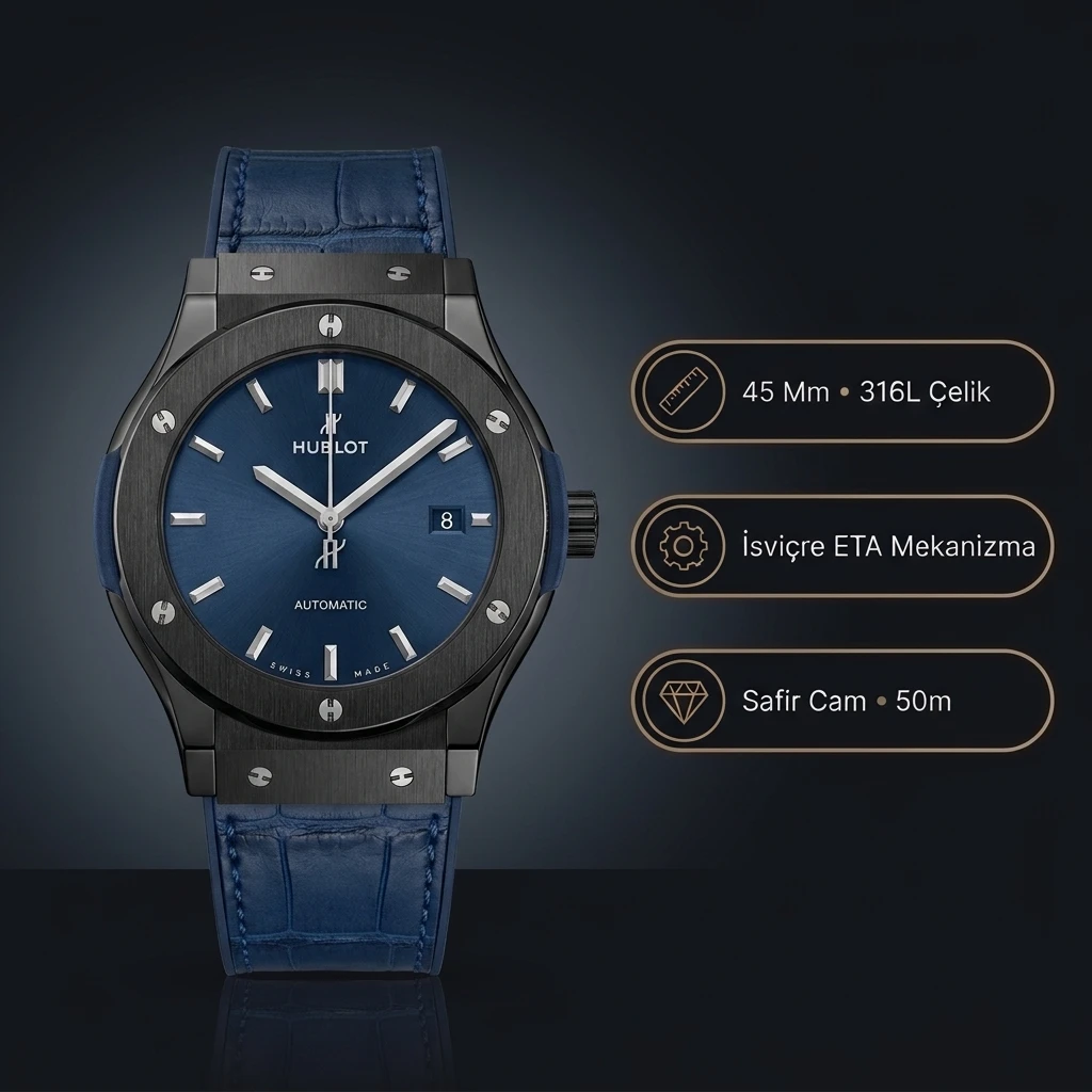 Hublot Classic Fusion Black Ceramic Blue Dial 45 Mm Super Clone ETA Saat