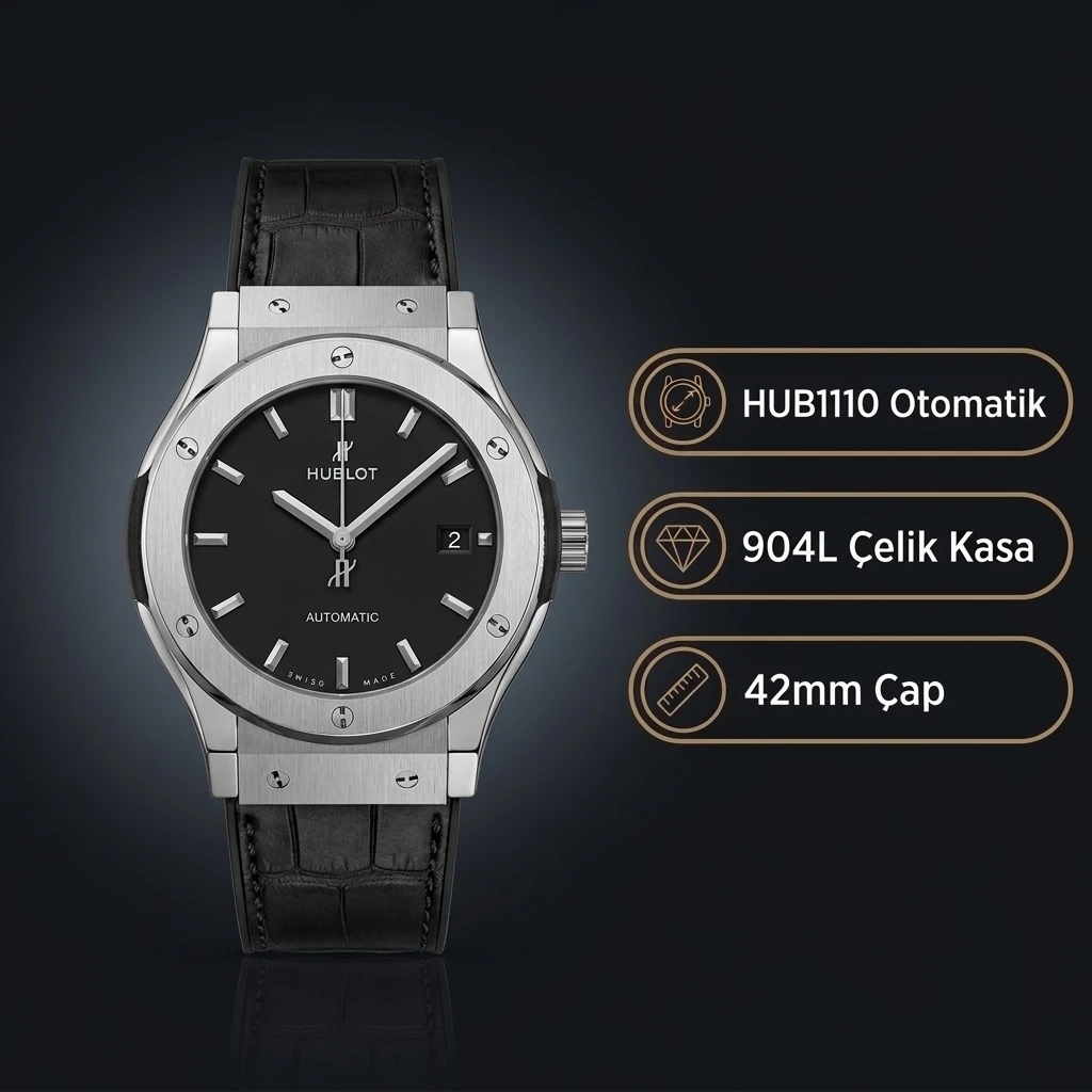 Hublot Classic Fusion Çelik Kasa Gri Kadran Siyah Deri Super Clone ETA Saat