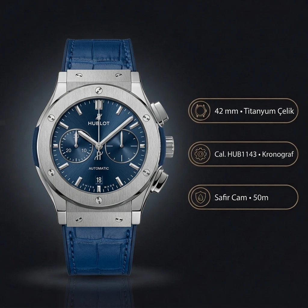 Hublot Classic Fusion Mavi Chronograph Çelik Deri Super Clone ETA Saat