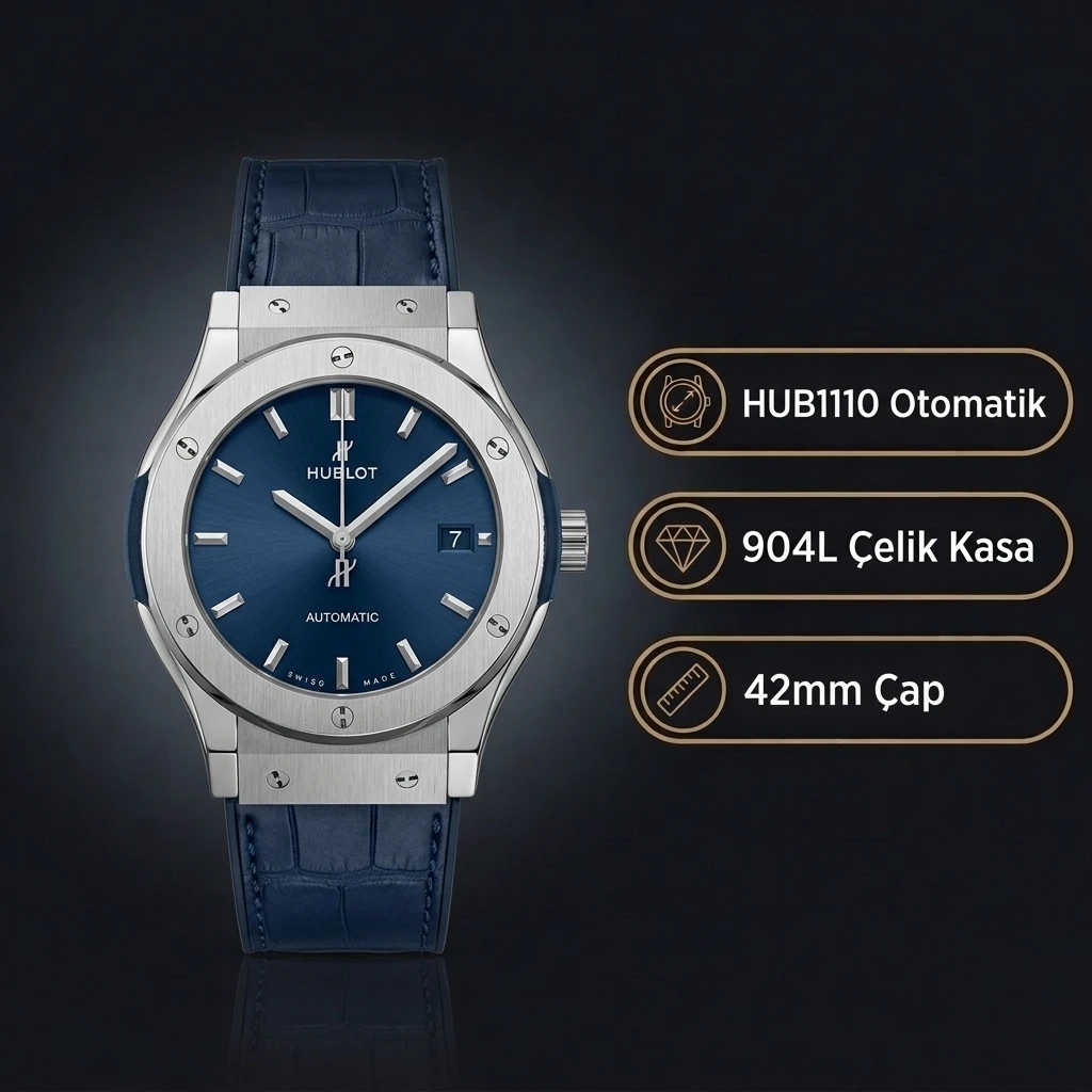 Hublot Classic Fusion Mavi Kadran Çelik Kasa Mavi Deri Kordon Super Clone ETA Saat