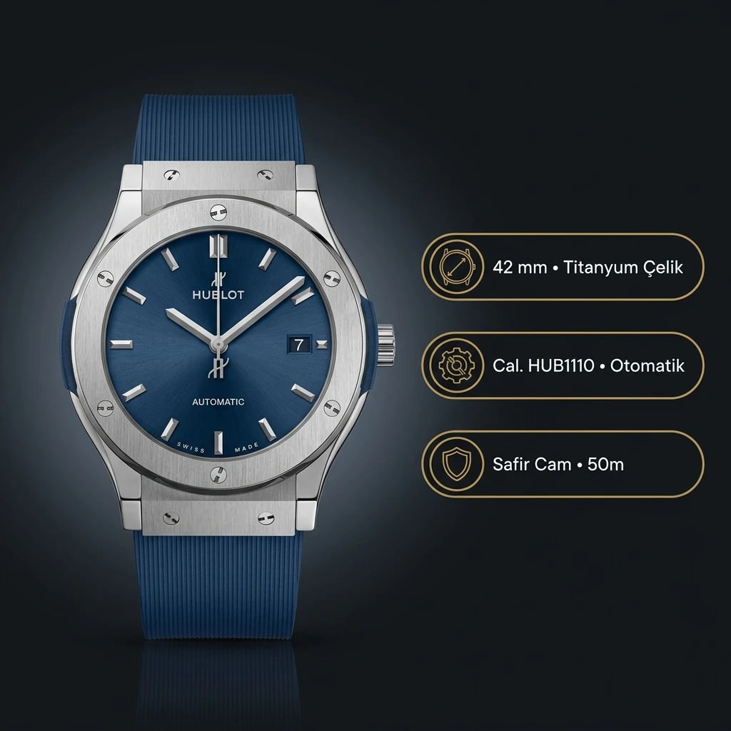 Hublot Classic Fusion Mavi Kadran GMT Kauçuk Kordon Super Clone ETA Saat