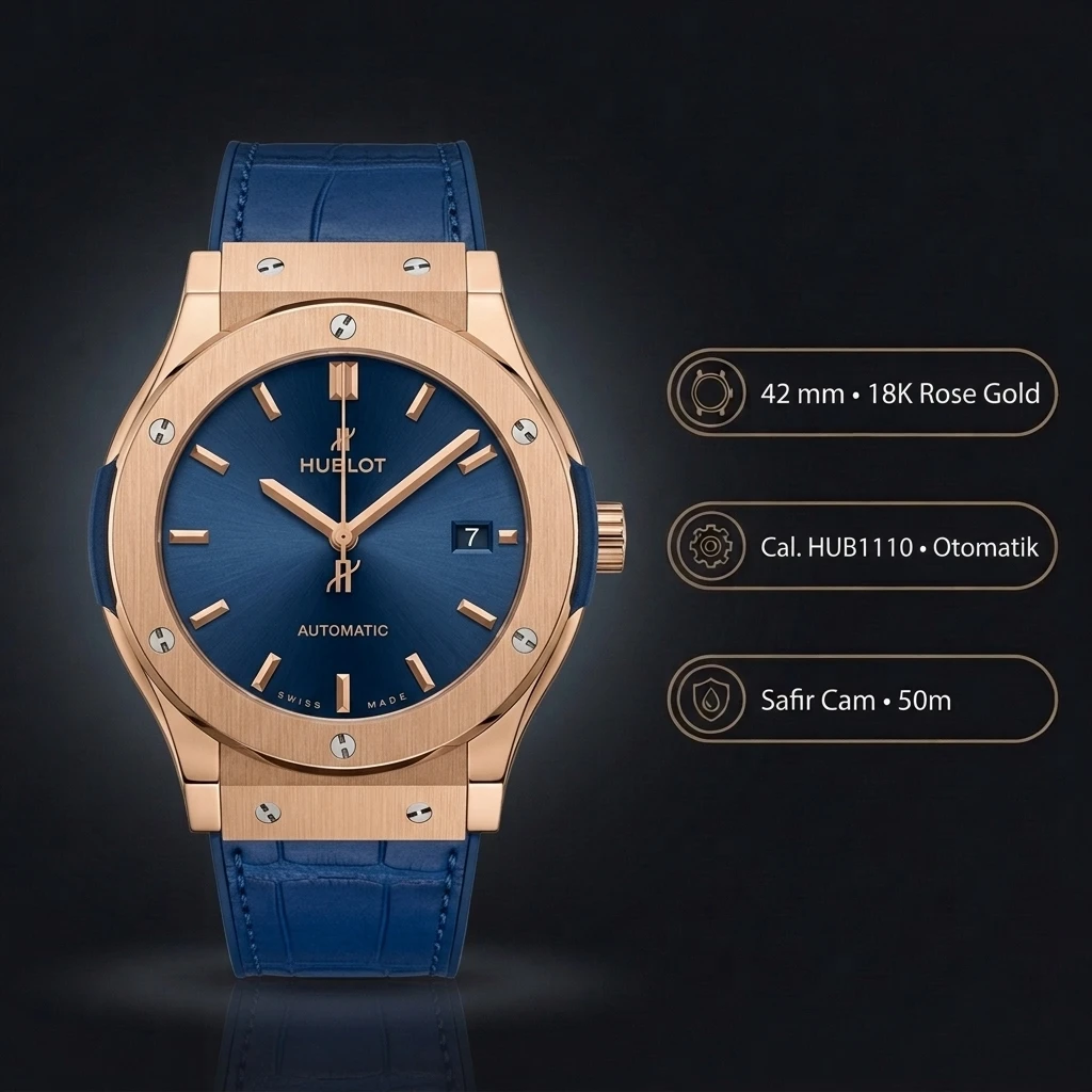 Hublot Classic Fusion Mavi Kadran Rose Bezel Kauçuk Kordon Super Clone ETA Saat