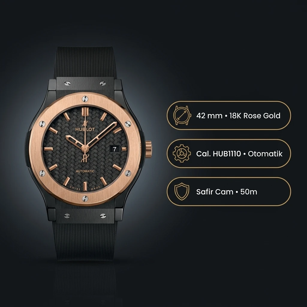 Hublot Classic Fusion Rose Gold Karbon Kadran Kauçuk Kordon Super Clone ETA Saat