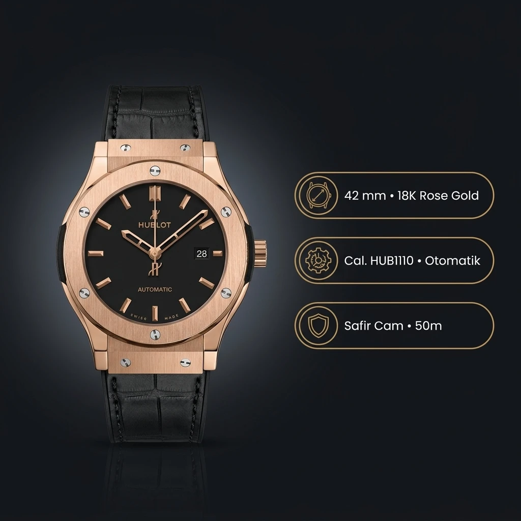Hublot Classic Fusion Rose Gold Mavi Kadran Deri Super Clone ETA Saat