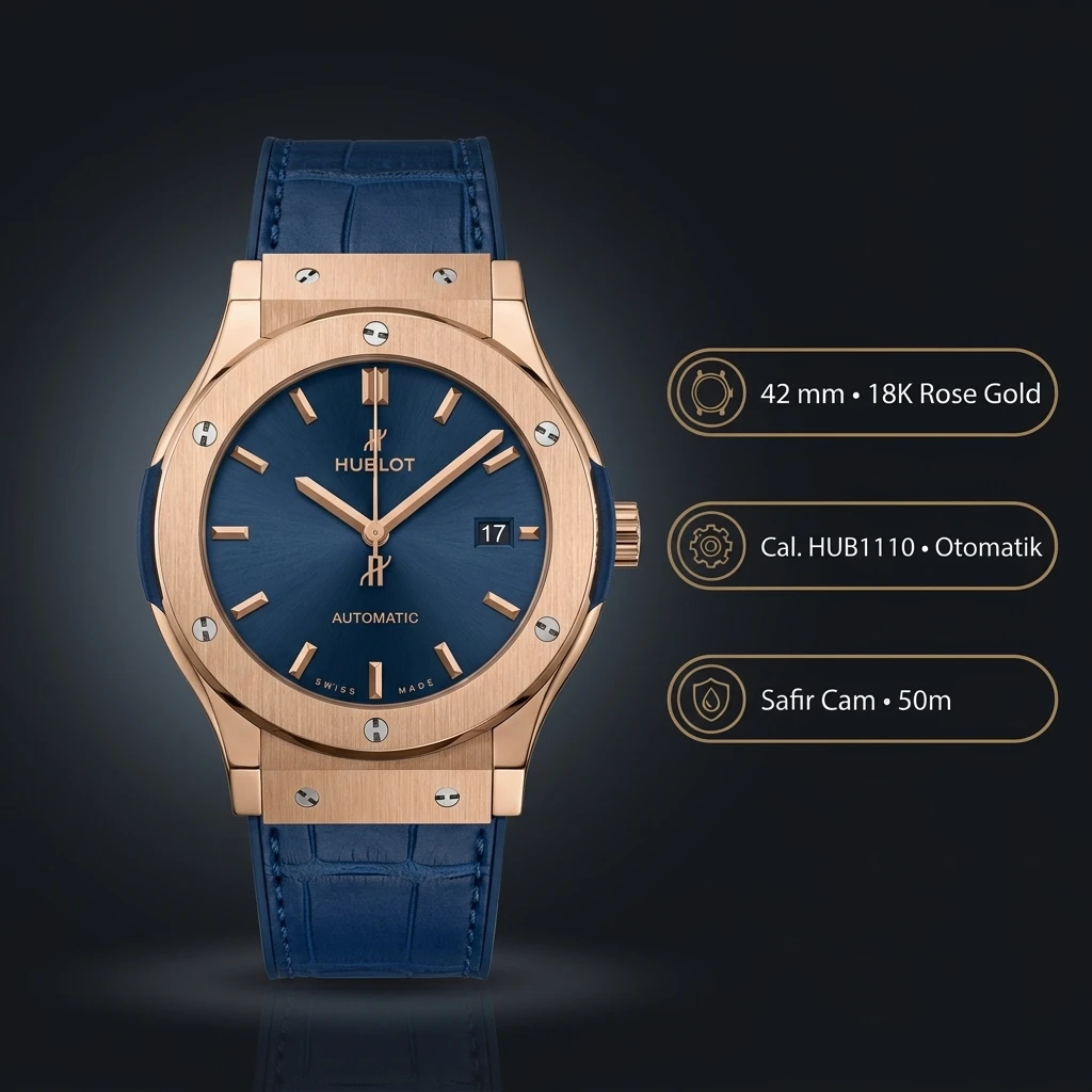 Hublot Classic Fusion Rose Gold Mavi Kadran Deri Lacivert Super Clone ETA Saat