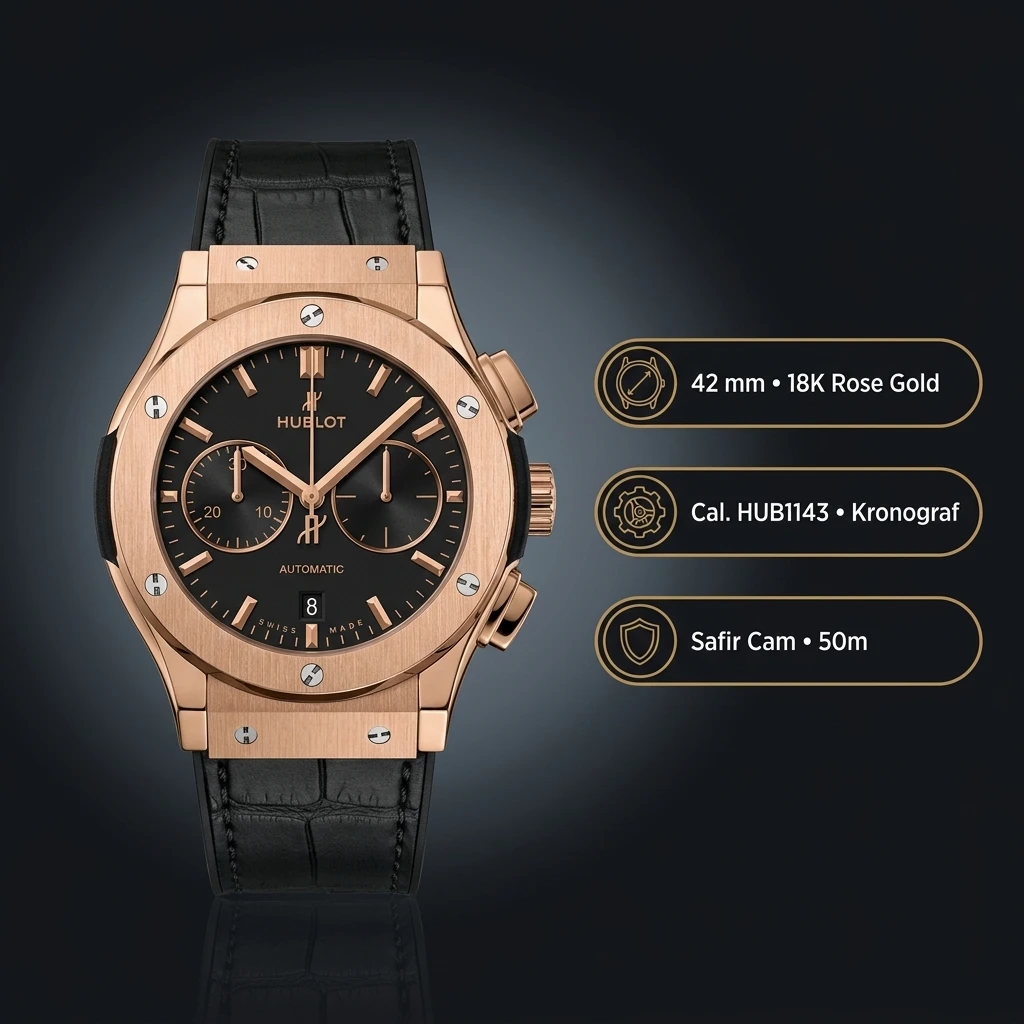 Hublot Classic Fusion Rose Gold Siyah Chronograph Deri Super Clone ETA Saat